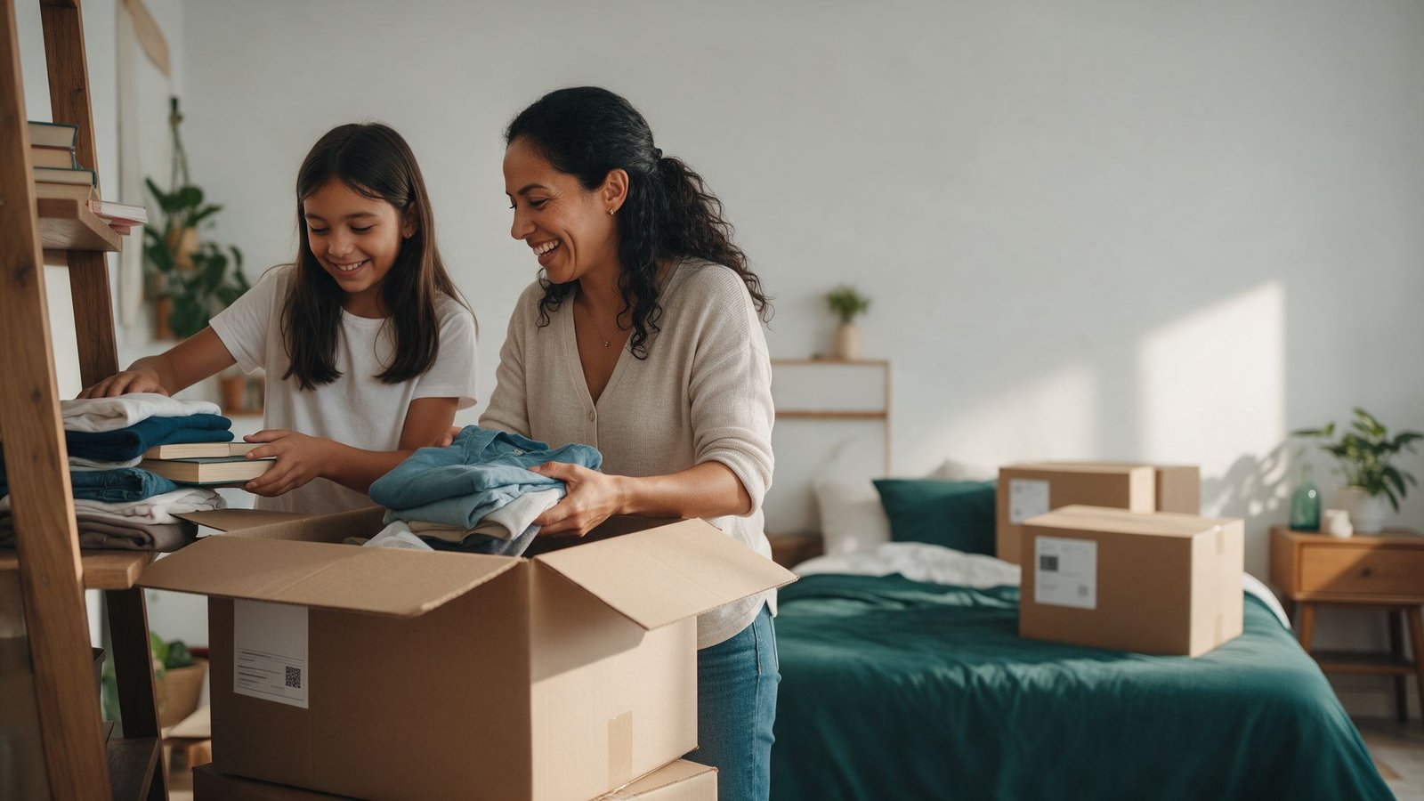 Mother and daughter unpacking a labeled box in the new bedroom