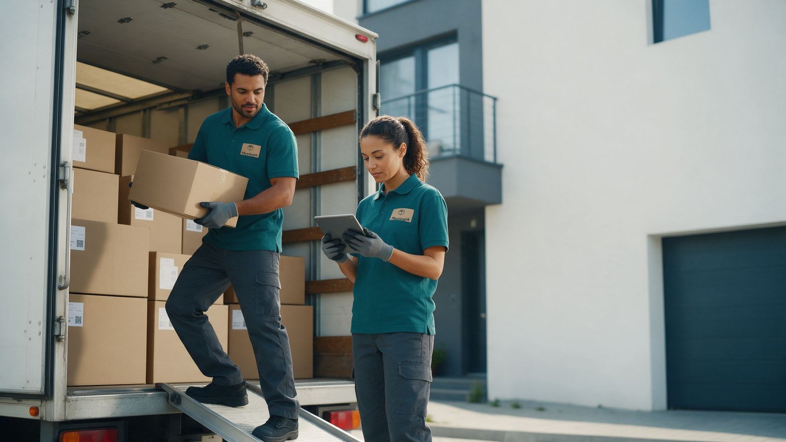 Crew in MuvingIA uniforms loading labeled boxes into a van